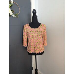Sigrid‎ Olsen Pink & Green Layered Mesh Lettuce Hem Floral Top - Petite L